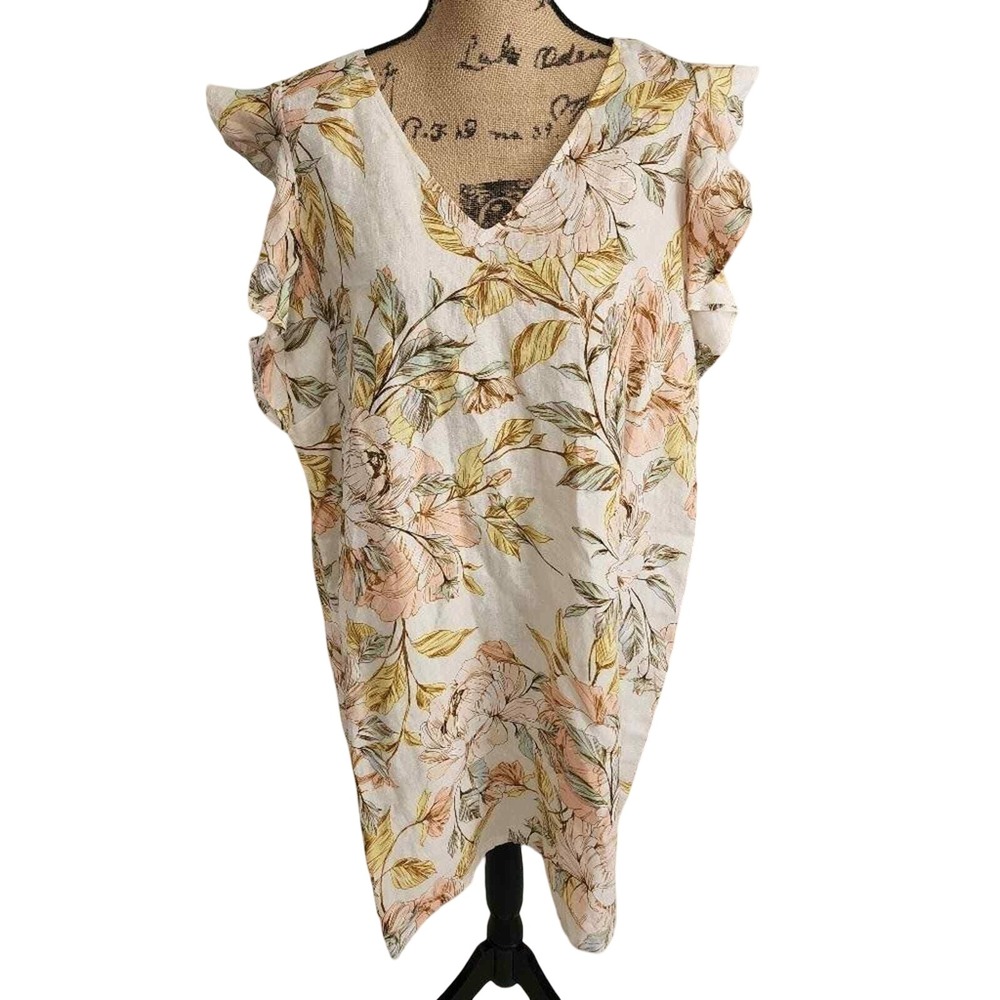Nicole Miller New York Womens 1X Floral 100% Linen V-Neck Ruffle Sleeve Top New